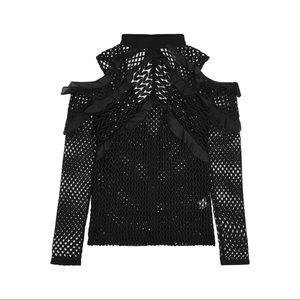 NWT Self-Portrait Top Size 6 Black Sheer Ruffle Lace Long Sleeve Host Pick